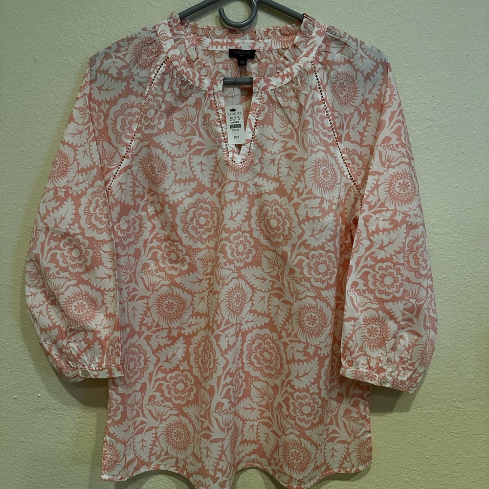Talbots Coral Floral Blouse With Ruffle Neck Line And V Neck—Size Medium Petite